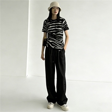 复古休闲运动套装女夏季时尚斑马纹短袖收腰上衣提花阔腿裤两件套，女装套装/套裙，JN江南