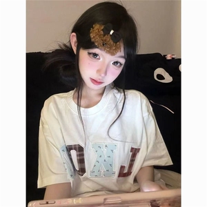 H0759-P35贴布绣螺纹领+包边拉肩宽松版型短袖T恤图片