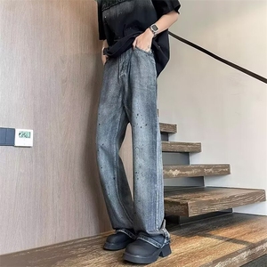 美式高街牛仔裤男夏季新款重磅复古微喇裤潮牌宽松直筒阔腿裤子图片