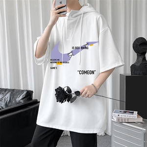 LD54259-P45 连帽短袖t恤男大码胖子带帽五分袖中袖图片