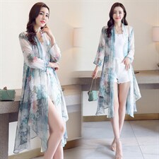 防晒衣女2021新款气质v领薄款雪纺衬衫复古印花中长款空调衫，女装蕾丝衫/雪纺衫，秀美人生