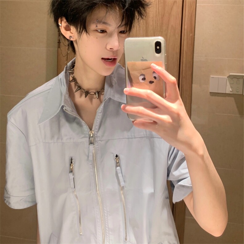 垫肩拉链短袖衬衫男夏季潮牌痞帅高级感衬衣CC1网络图,男装衬衫,星座1116A（原606A-3）