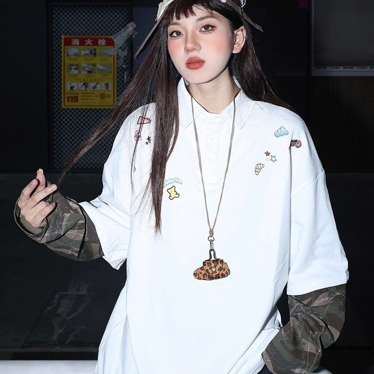 美式复古卡通印花拼接迷彩长袖polo衫假两件春秋季情侣学院风卫衣,男装卫衣,星座506A