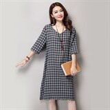 格子棉圆领宽松腰套头2021年夏季五分袖长裙做旧褶皱连衣裙，女装连衣裙，独衣靓