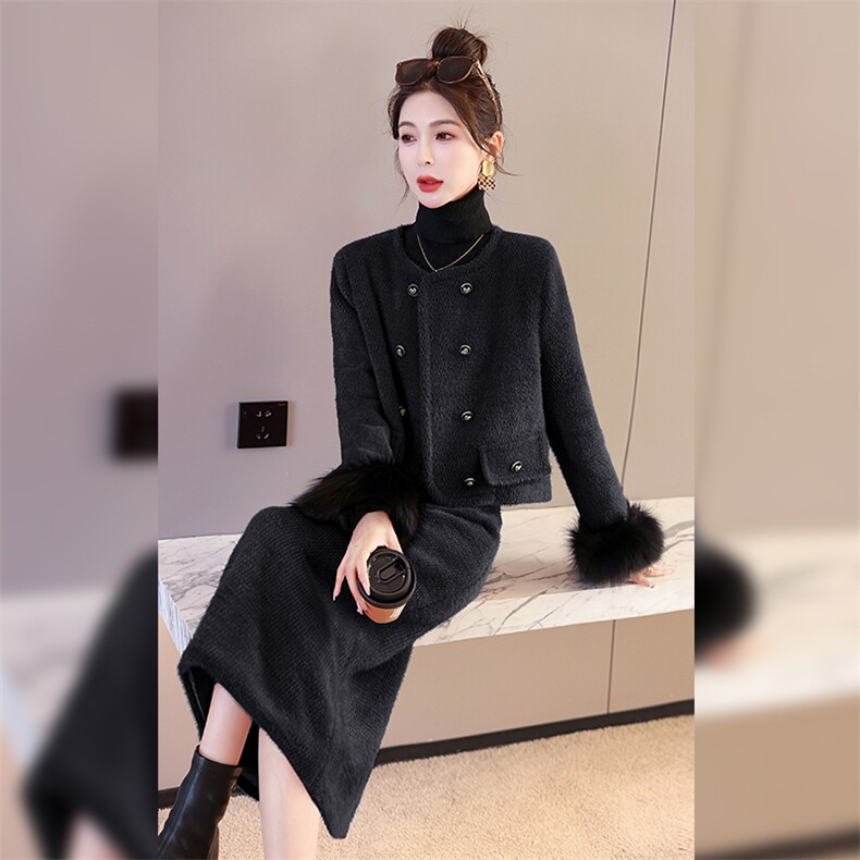 2023新款冬装小香风90白鸭绒羽绒气质套装袖毛真狐狸毛可脱卸,女装套装/套裙,卡杰菲