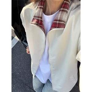 XDFM 美式格子装饰基础款开衫拉链卫衣外套加绒秋冬复古连帽上衣图片