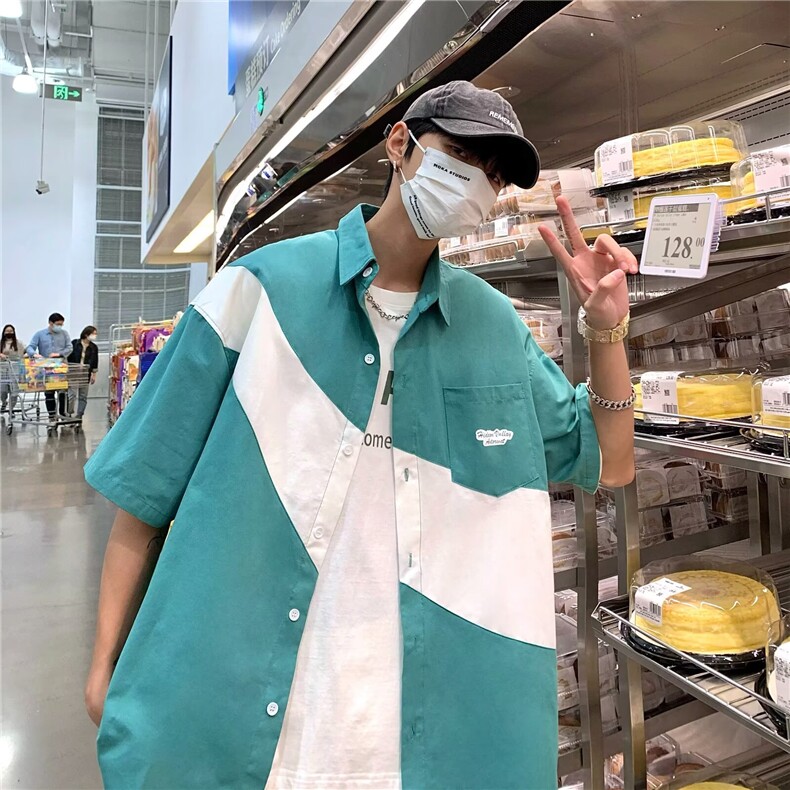 简约拼色短袖衬衫男生夏季宽松休闲潮流拼接半袖上衣CS4028图片