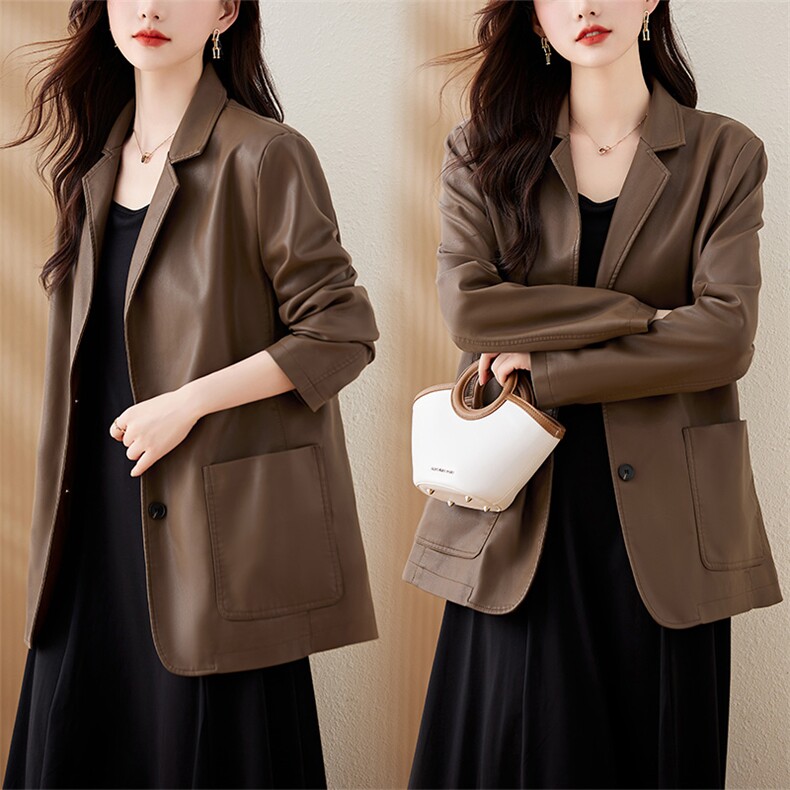 PU皮修身西服外套新款真皮皮衣女植鞣油蜡皮做旧复古皮夹克，女装皮衣，江南女神