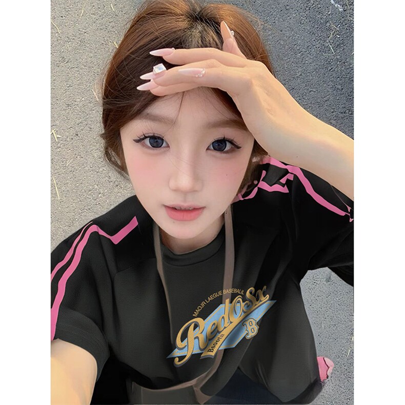 抖音得物品质二开240克宽松纯棉美式潮牌印花三条杠中性风短袖T恤,男装T恤,电商A486