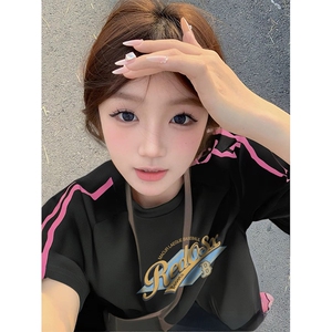 抖音得物品质二开240克宽松纯棉美式潮牌印花三条杠中性风短袖T恤图片