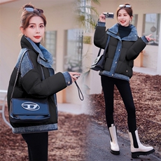 【现货放心推】2023新款冬装拼接牛仔撞色立领羽绒服90白鸭绒，女装羽绒服，雅静靓衣