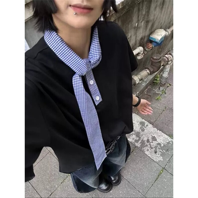 航海家夏季松弛感飘带丝巾领拼接短袖polo衫男百搭宽松领带T恤,男装Polo衫,星座506A
