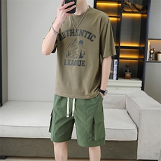 2025夏季新款男士套装工装大口袋系带短裤宽松潮牌短袖T恤两件套，男装休闲套装，星座1801