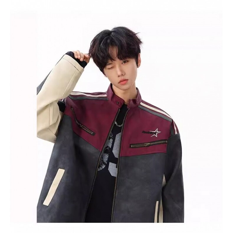 网络图现货美式复古痞帅拼接立领pu皮衣夹克机车服JK8573-P78,男装夹克,星座715-7
