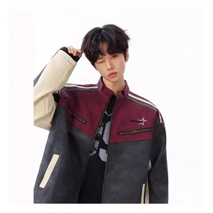 网络图现货  美式复古痞帅拼接立领pu皮衣夹克机车服JK8573-P78图片