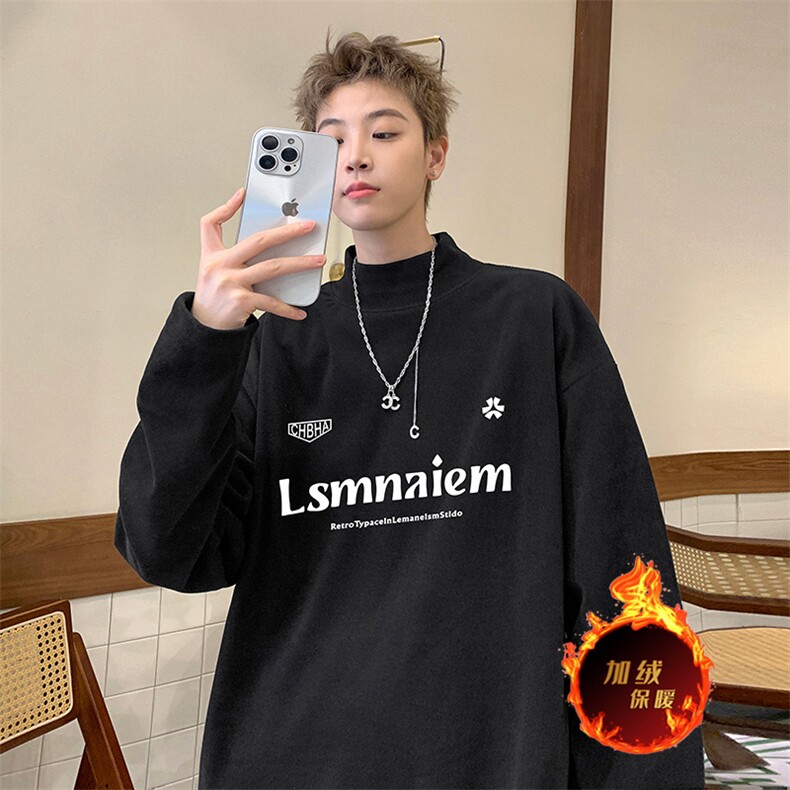一件过冬重磅保暖针织衫德绒加绒加厚卫衣半高领打底长袖T恤DR98,男装T恤,电商A486