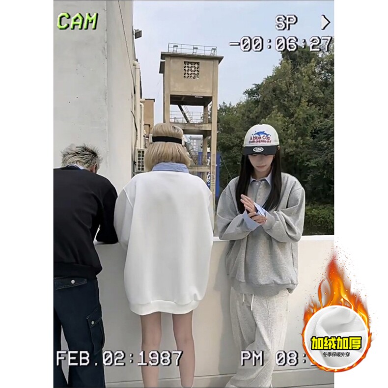 重磅加绒硬挺boxy男女美式高街假两件衬衫领长袖卫衣POLO领打底衫,男装T恤,电商A486
