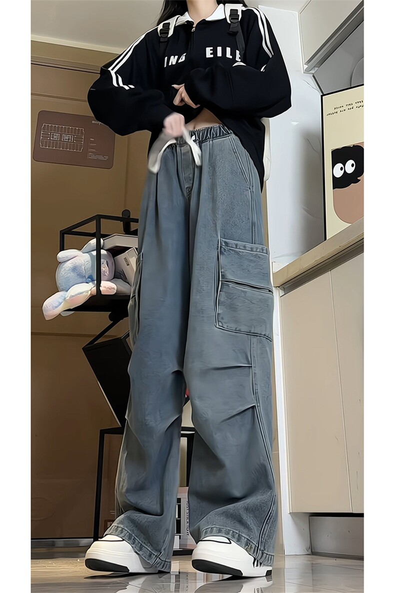 港风水洗直筒牛仔裤男女同款复古休闲工装潮流宽松长裤K646TP55,男装牛仔裤,电商A102B