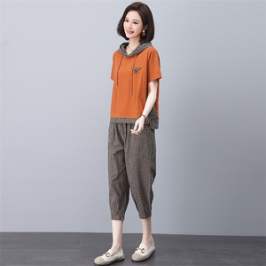 中年妈妈棉麻格子套装女夏2025新款时尚休闲遮肚子显瘦洋气两件套图片