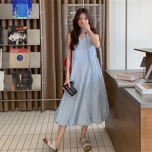 蓝色v领无袖连衣裙女2025年夏季新款法式超好看甜美减龄背心长裙图片