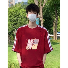 抖音得物高品质二开240克宽松纯棉美式潮牌三条杠织带短袖T恤，男装T恤，电商A486-1
