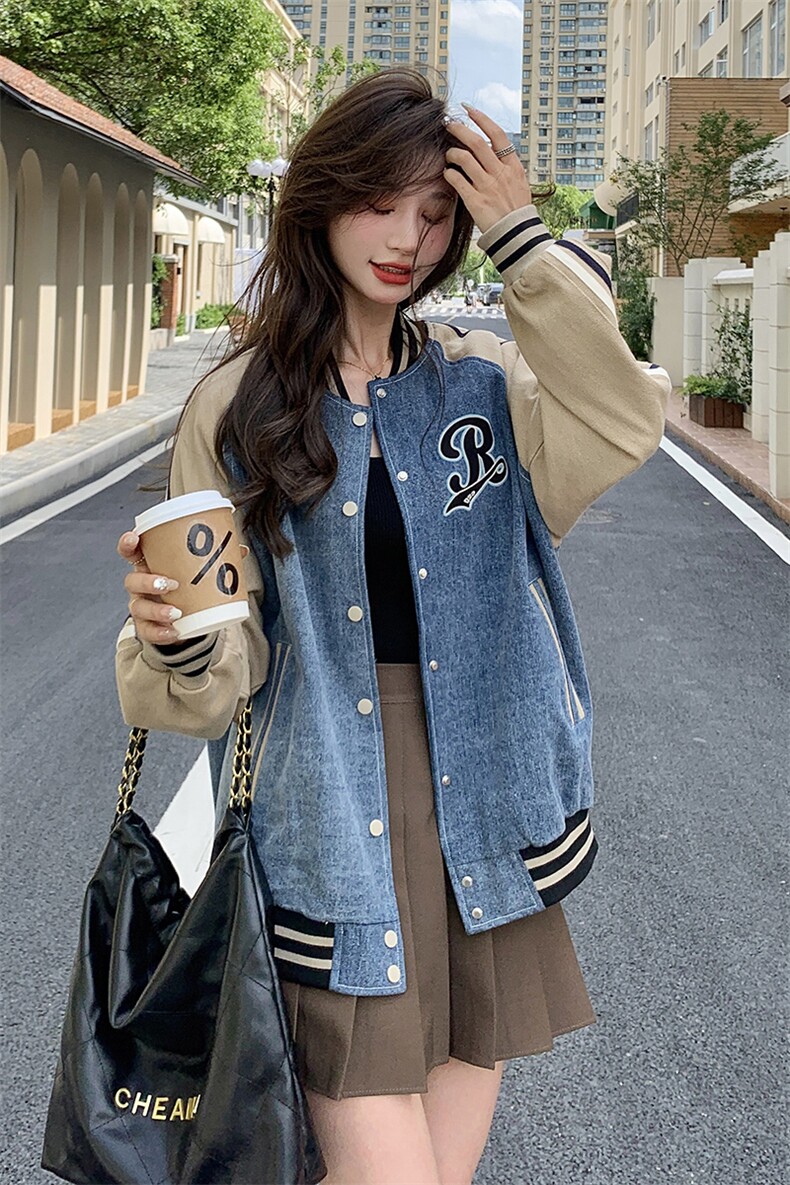 2023年秋季牛仔拼接棒球服82386-P145-K188,女装短外套,一九零