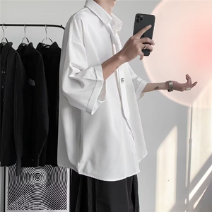 夏季男款冰丝短袖衬衣七分袖领带衬衫黑白纯色图片