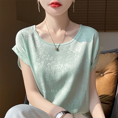 新中式国风短袖t恤女2025夏季缎面圆领真丝印花上衣宽松显瘦打底，女装T恤，朝贺羊绒