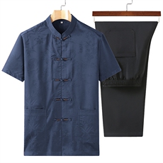 2022男高端风短袖唐装衬衫中式中老年风立体刺绣套装T恤，男装中老年男装，钱塘723