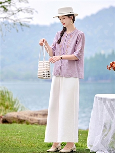 时尚洋气刺绣棉麻套装女2026夏季新款宽松遮肉显瘦阔腿裤两件套图片