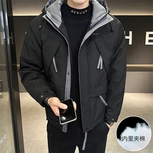 加棉加厚男士连帽青年简约休闲二棉夹克外套S99151-P105常规90,男士浅色休闲束脚裤搭配夏天图片