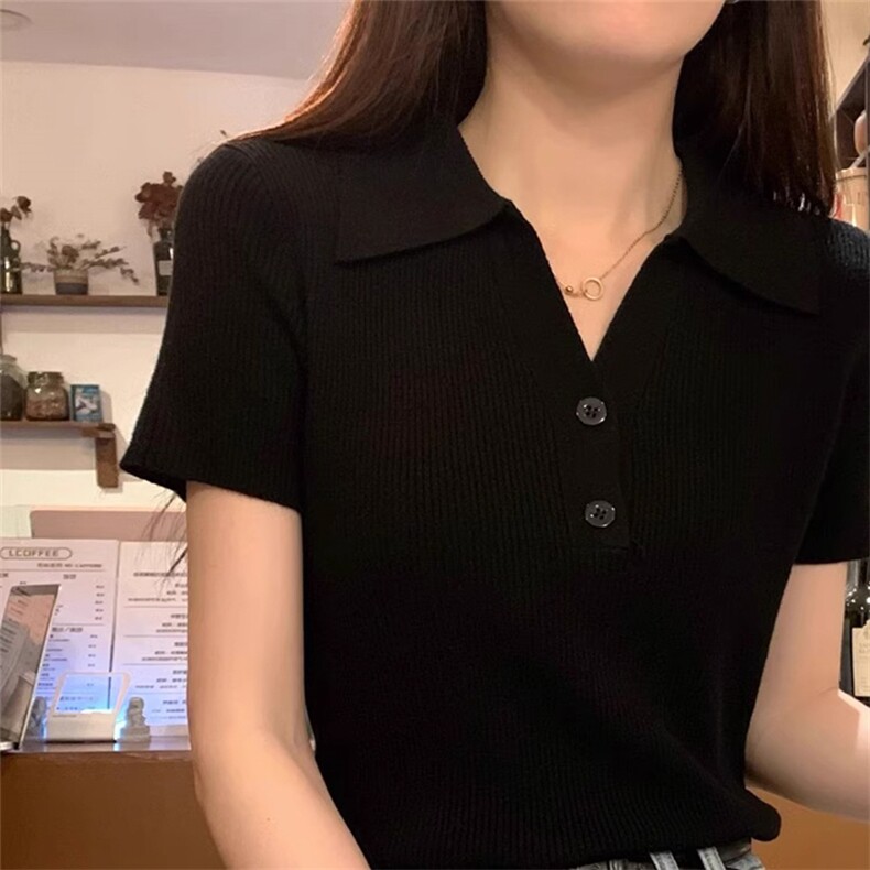 POLO领短袖套头修身型纯色气质简约针织衫,针织衫/毛衣,斯美雅安迪绒