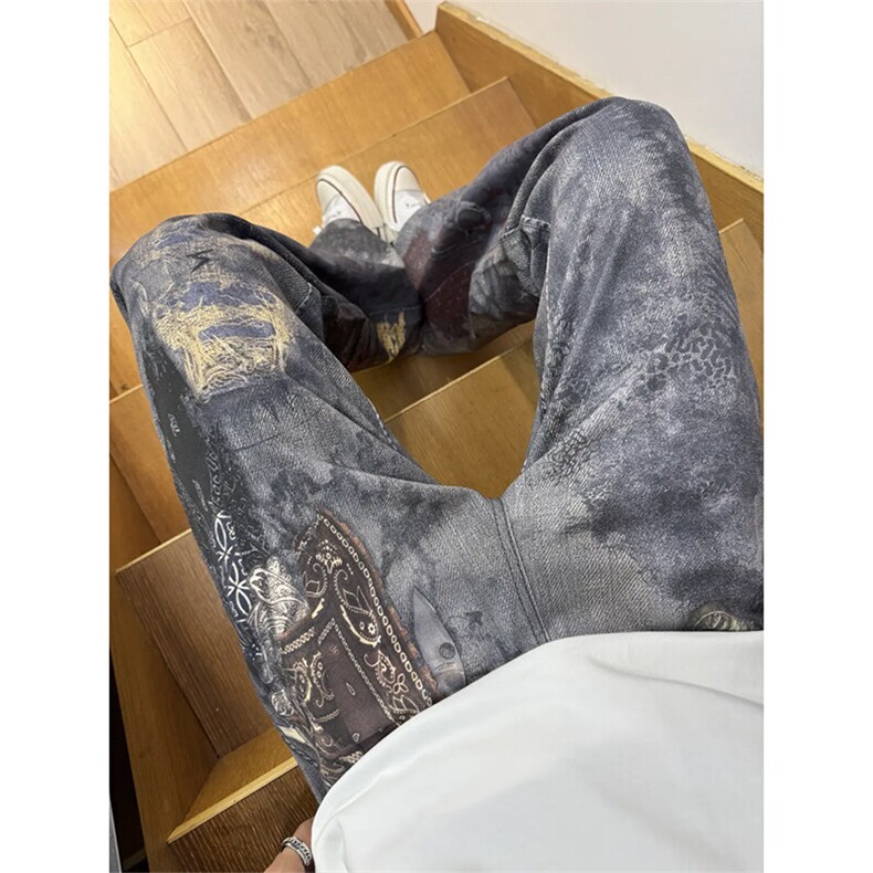 ！数码印花满印糜烂破坏腰果花方巾牛仔裤,男装牛仔裤,星座617C