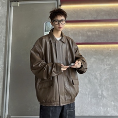 美式复古PU皮衣秋季潮牌翻领机车服痞帅工装皮衣，男装皮衣，星座410-7