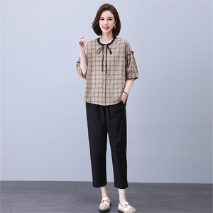 时尚休闲格子拼接套装女宽松显瘦抽绳设计两件套图片