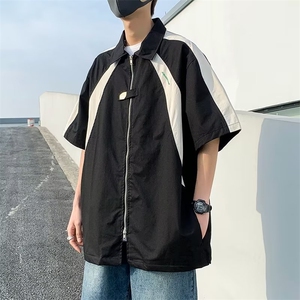 夏季潮牌拼色短袖衬衫男美式街头拉链宽松情侣Polo衫学生图片