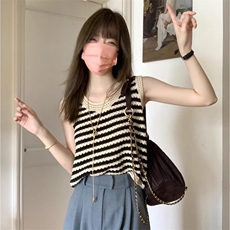 冰丝针织撞色条纹镂空吊带小背心女夏季宽松短款坎肩无袖上衣外穿，男装背心/马甲，星座1210-1