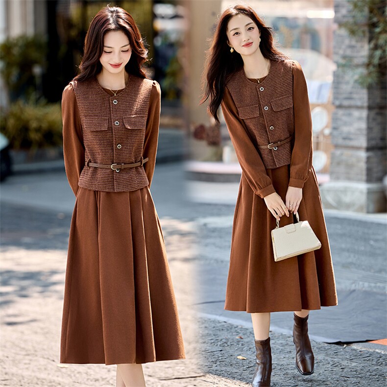 2025秋冬时尚格纹马甲气质优雅收腰显瘦休闲修身潮流连衣裙套裙，女装套装/套裙，香水丽阁