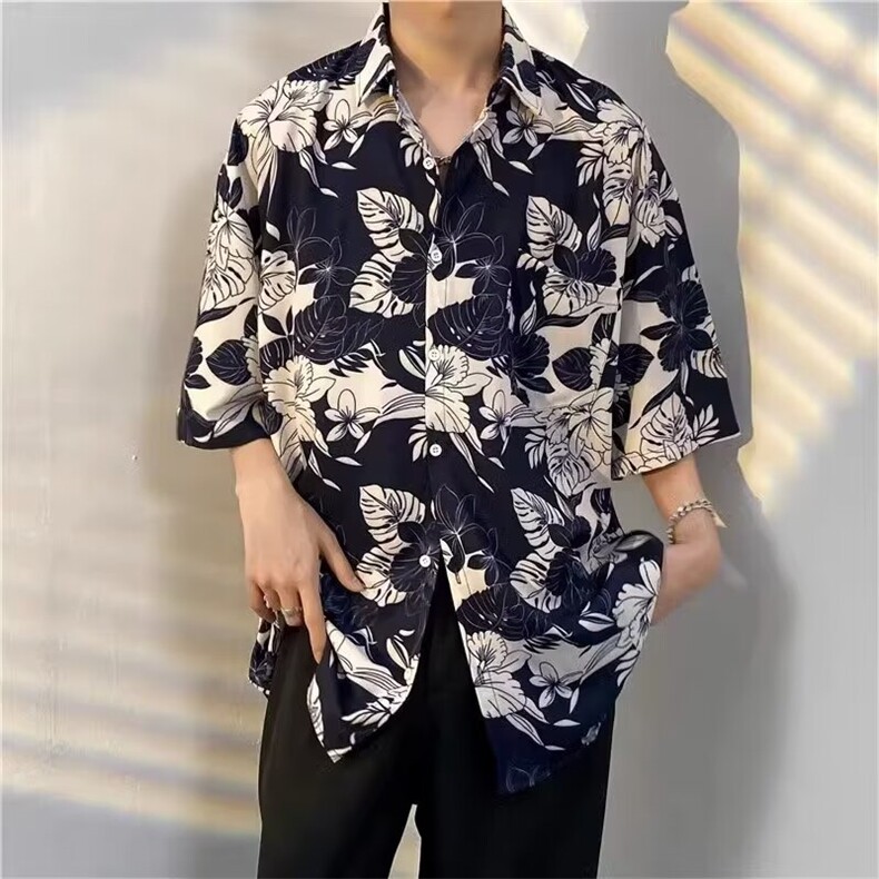 港风vintage花衬衫男女复古夏威夷痞帅宽松情侣短袖衬衣潮牌外套,男装衬衫,电商B212（原钱塘6029）