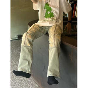 拉链牛仔裤小直脚时尚男九分裤印花青春流行夏季慵懒原宿 N6038图片