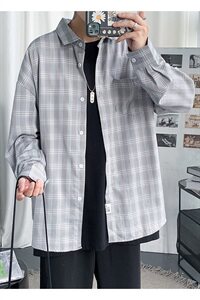 港风新款秋季外穿长袖衬衫男  百搭休闲格子衬衣外套CS22/图片