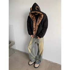 美式复古豹纹毛领连帽棉服男冬季加厚保暖棉衣宽松短款座山雕外套，男装棉衣，四季星座505