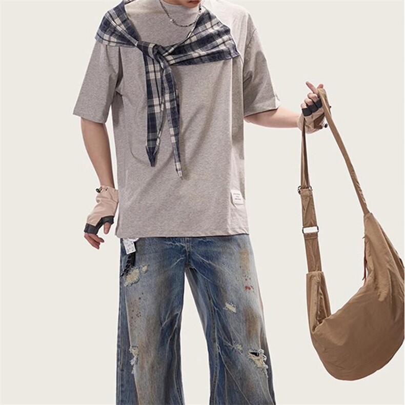 拼接格子布装饰高品质260克双纱纯棉美式高街短袖T恤特P35，男装T恤，电商A486-1