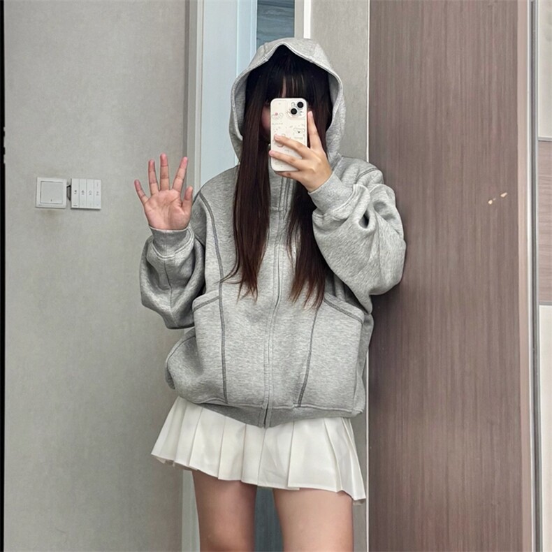 抖音得物高品质秋冬美式高街重磅结构辑明线纹理连帽卫衣外套W111图片