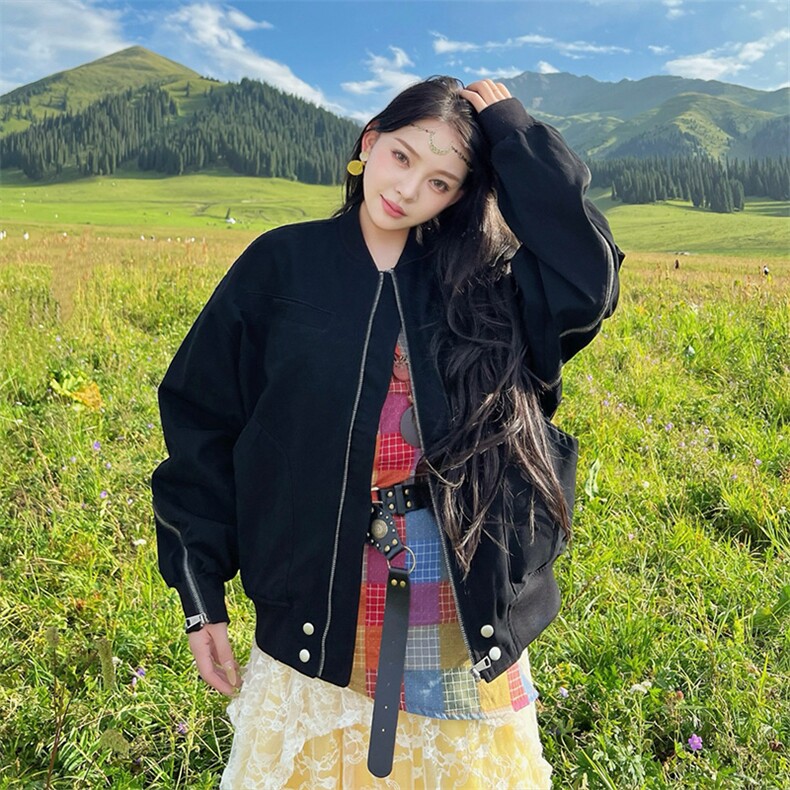 AF198/P128控168秋季新款夹克复古设计感拉链外套夹克男女可穿黑图片