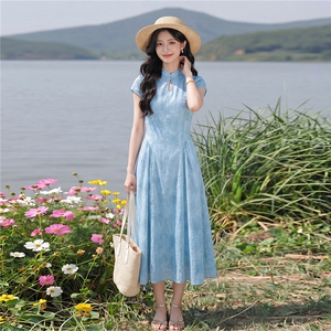 复古气质连衣裙女夏季新款女神范时尚收腰显瘦减龄中长款裙子图片