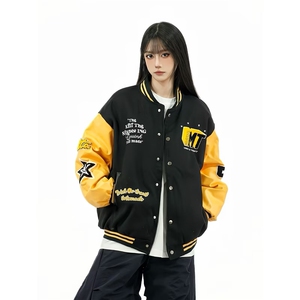 美式复古撞色棒球服外套男女宽松2026春秋情侣潮牌皮袖夹克图片