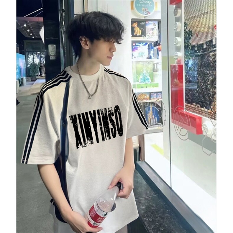 抖音得物品质二开240克宽松纯棉美式潮牌印花三条杠中性风短袖T恤,男装T恤,电商A486-1