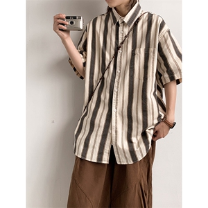 日系竖条纹短袖衬衫男cityboy夏季休闲宽松情侣衬衣外套S2055-p25图片