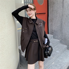 气质复古咖色马甲内搭短裙套装女春秋小个子三件套流行爆款巨好看，女装套装/套裙，2B237